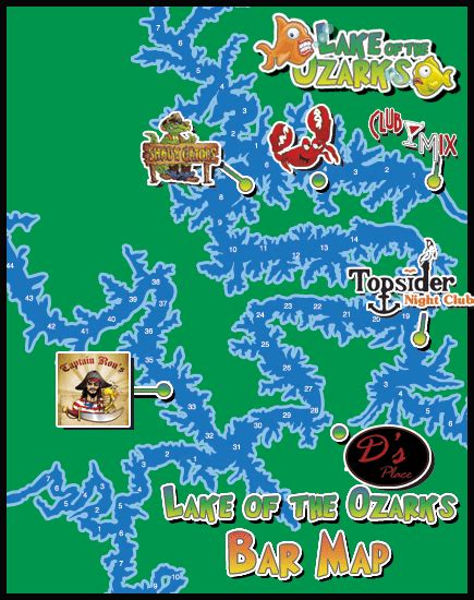 Map of lake of the ozarks bars - There are so many romantic and adventurous things to do at Lake of the Ozarks, it's a perfect setting for a romantic getaway. No wonder it was named the #1 Recreation Lake in the nation by USA Today. Read on to learn more about romantic accommodations, beautiful boating, outdoor adventures, and delicious restaurants for a perfect 3-day romantic getaway.